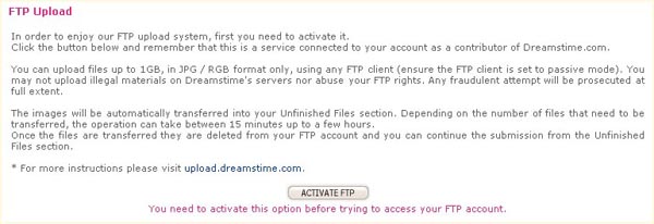 Activating FTP on Dreamstime.com